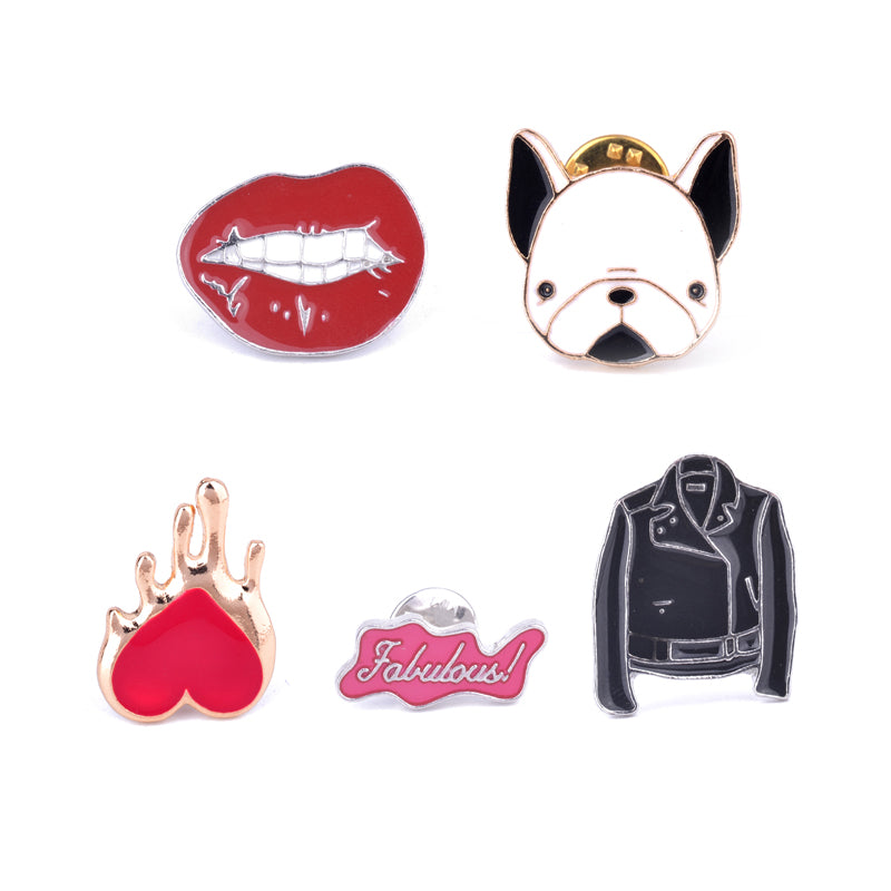 Colorful Enamel Pins Set Sexy Red Lip Bulldog Black Jacket Cowboy Heart Badge