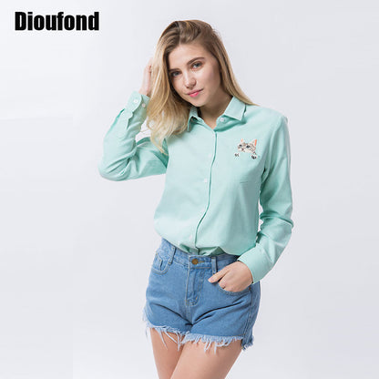 Dioufond Cat Embroidery Long Sleeve Women Blouses And Shirts White Blue Female Ladies