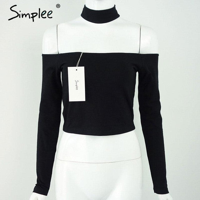 Simplee European style sexy off shoulder black t-shirt women tops long sleeve halter - Shopy Max