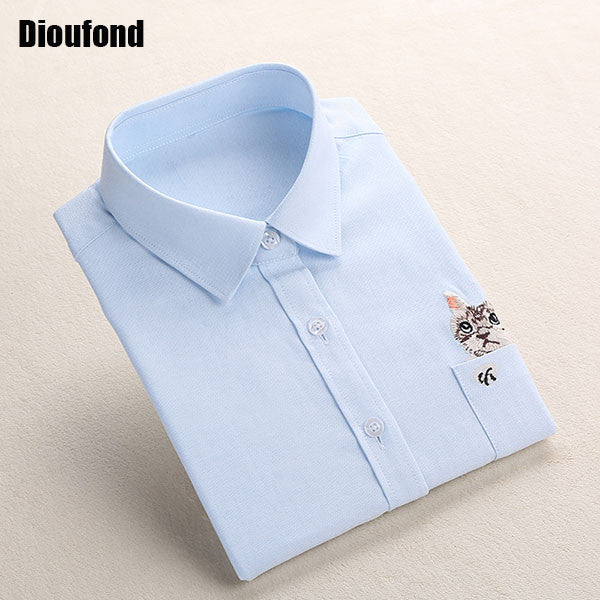 Dioufond Cat Embroidery Long Sleeve Women Blouses And Shirts White Blue Female Ladies
