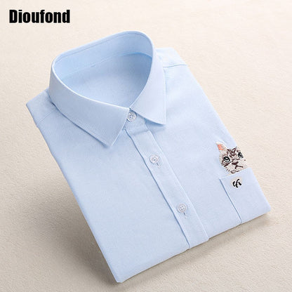 Dioufond Cat Embroidery Long Sleeve Women Blouses And Shirts White Blue Female Ladies