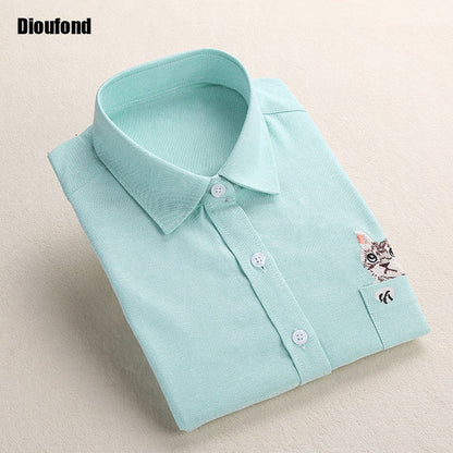 Dioufond Cat Embroidery Long Sleeve Women Blouses And Shirts White Blue Female Ladies
