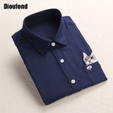 Dioufond Cat Embroidery Long Sleeve Women Blouses And Shirts White Blue Female Ladies