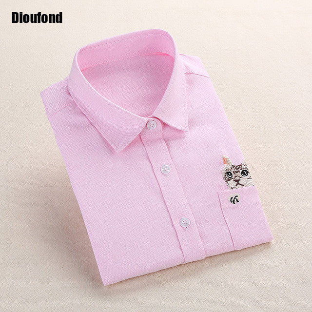 Dioufond Cat Embroidery Long Sleeve Women Blouses And Shirts White Blue Female Ladies