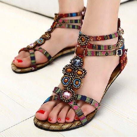Summer Style Ethnic Women Sandals 2016 Bohemian Fashion Beading Pu Printed Casual