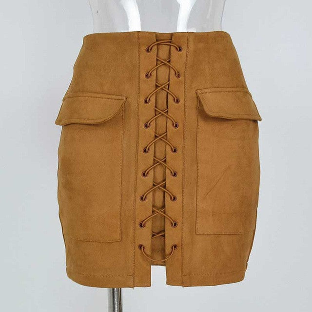 Smoves Women's Vintage High Waist External Pocket Tight Suede Lace Up
