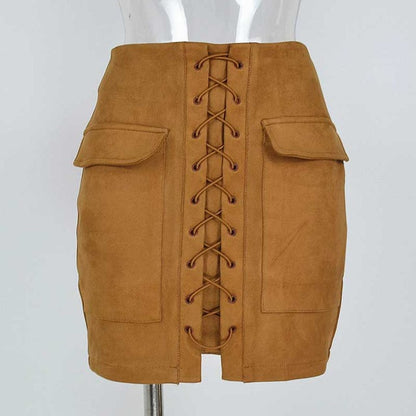 Smoves Women's Vintage High Waist External Pocket Tight Suede Lace Up