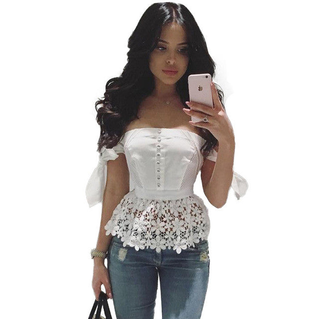 Elegant Sexy Bow Off Shoulder Top Beading Women Blouse Shirt Summer 2016 White