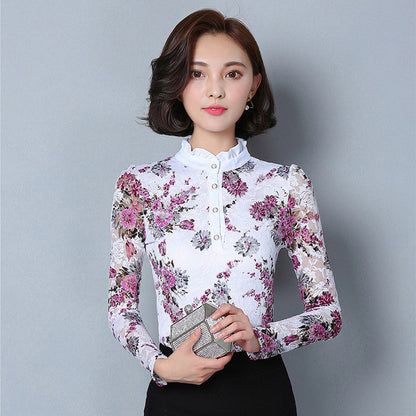New 2017 Fashion Blusa Women Brand shirt Slim Pirnted shirt long-sleeved Female lace