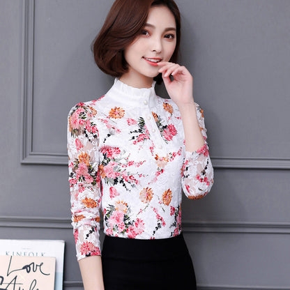 New 2017 Fashion Blusa Women Brand shirt Slim Pirnted shirt long-sleeved Female lace