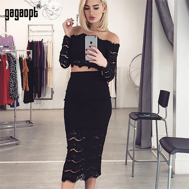 Gagaopt 2017 Sexy Women Dress Slash Neck White Black Lace Dress 2 Piece Top+Long Dress - Shopy Max