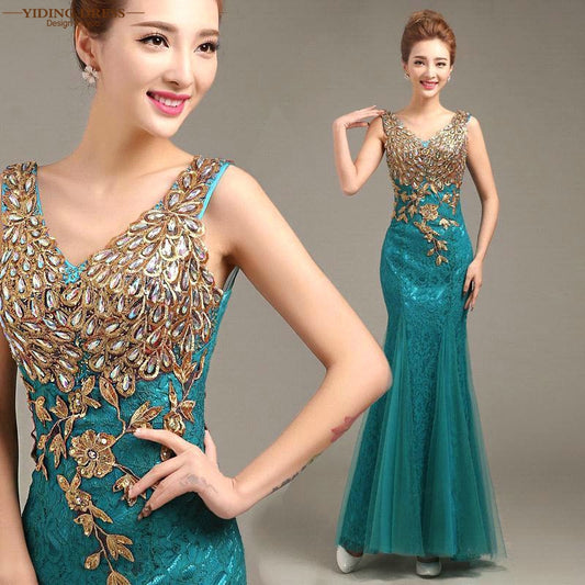 Hot New Double-Shoulder V Neck Mermaid Embroidery Beading Royal Blue