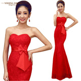 Red Evening Dress 2016 Hot Sale Mermaid Robe De Soiree Lace Bow Strapless - Shopy Max