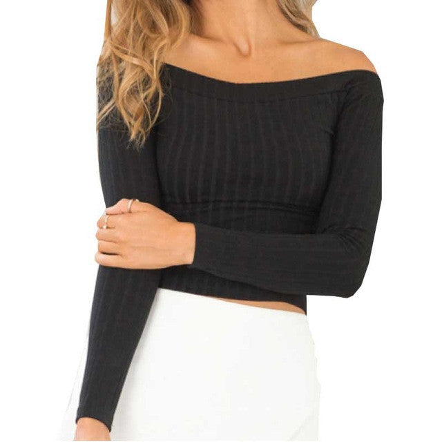 Smoves Sexy Off Shoulder Women Knitted Sweater Tops Autumn Winter Pullover Crop Tops