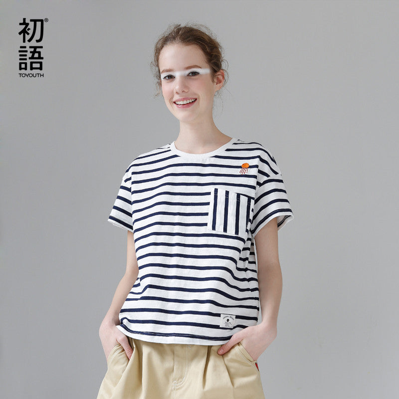 Toyouth T-Shirts 2017 Summer Women T Shirt Cotton Embroidery Striped Casual - Shopy Max