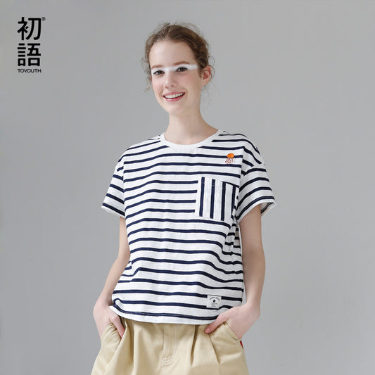 Toyouth T-Shirts 2017 Summer Women T Shirt Cotton Embroidery Striped Casual - Shopy Max