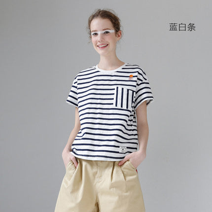Toyouth T-Shirts 2017 Summer Women T Shirt Cotton Embroidery Striped Casual - Shopy Max