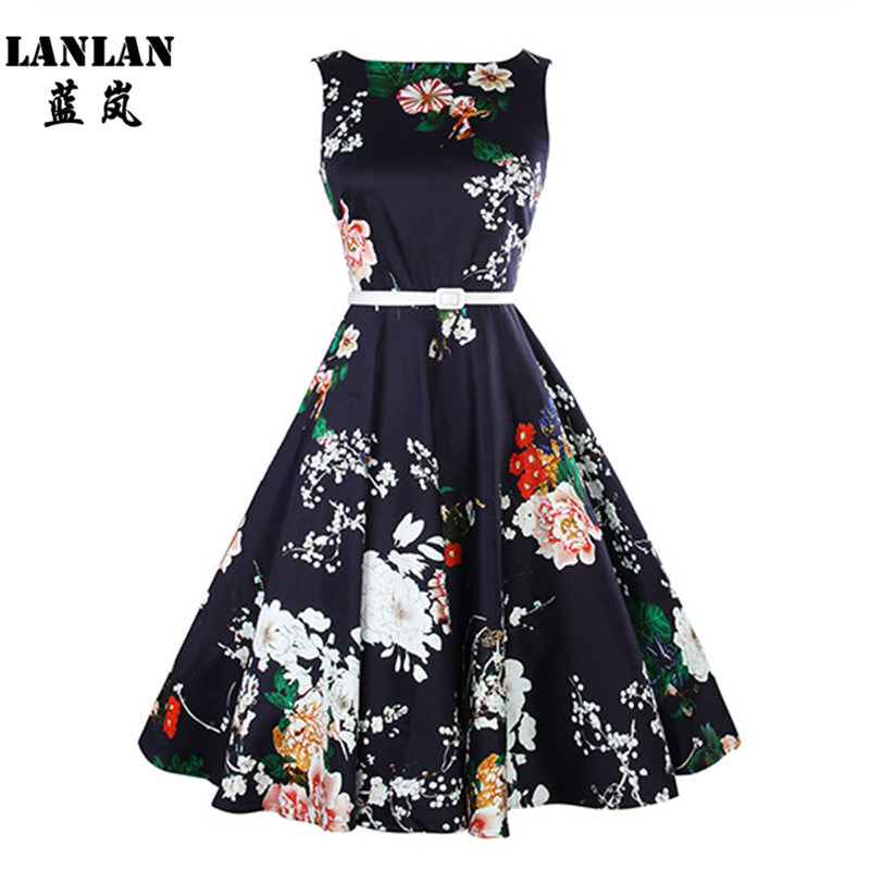 LANLAN Peony Print Floral Sleeveless 50s swing Dress with Belt 2017 Women