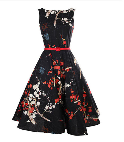 LANLAN Peony Print Floral Sleeveless 50s swing Dress with Belt 2017 Women