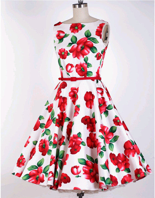 LANLAN Peony Print Floral Sleeveless 50s swing Dress with Belt 2017 Women