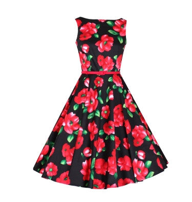 LANLAN Peony Print Floral Sleeveless 50s swing Dress with Belt 2017 Women