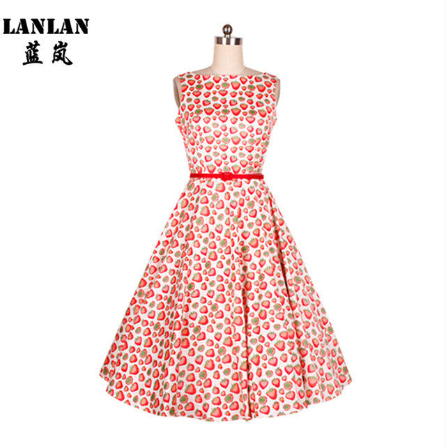 LANLAN Peony Print Floral Sleeveless 50s swing Dress with Belt 2017 Women