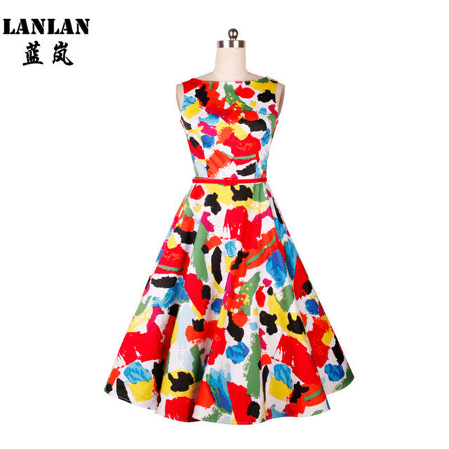 LANLAN Peony Print Floral Sleeveless 50s swing Dress with Belt 2017 Women