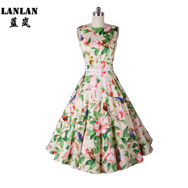 LANLAN Peony Print Floral Sleeveless 50s swing Dress with Belt 2017 Women