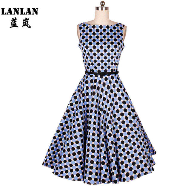 LANLAN Peony Print Floral Sleeveless 50s swing Dress with Belt 2017 Women