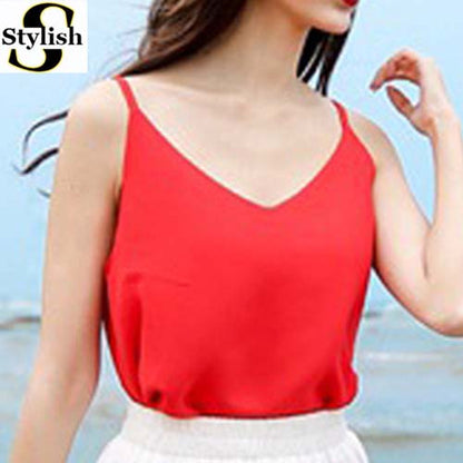Chiffon Tank Top Women 2017 New Summer Sleeveless Shirt Sexy V-neck Cami Loose