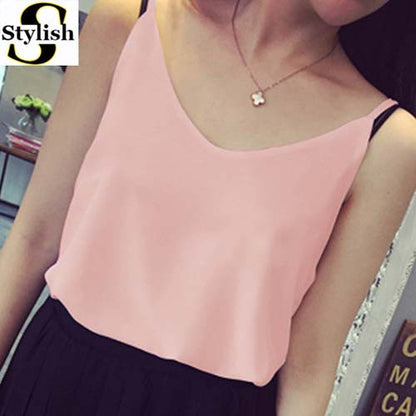 Chiffon Tank Top Women 2017 New Summer Sleeveless Shirt Sexy V-neck Cami Loose