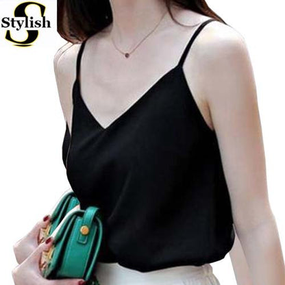 Chiffon Tank Top Women 2017 New Summer Sleeveless Shirt Sexy V-neck Cami Loose