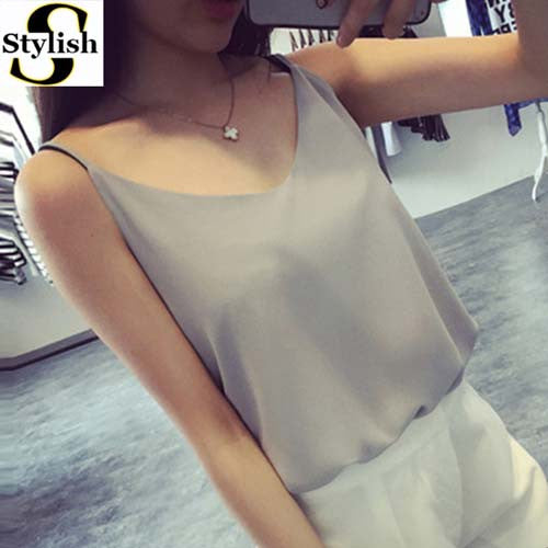 Chiffon Tank Top Women 2017 New Summer Sleeveless Shirt Sexy V-neck Cami Loose