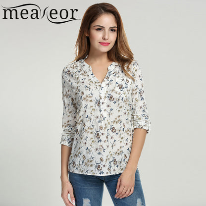 Meaneor Women Floral Print Blouse Tops 1950s 60s Vintage Autumn Clothing Casual Roll Up Sleeve