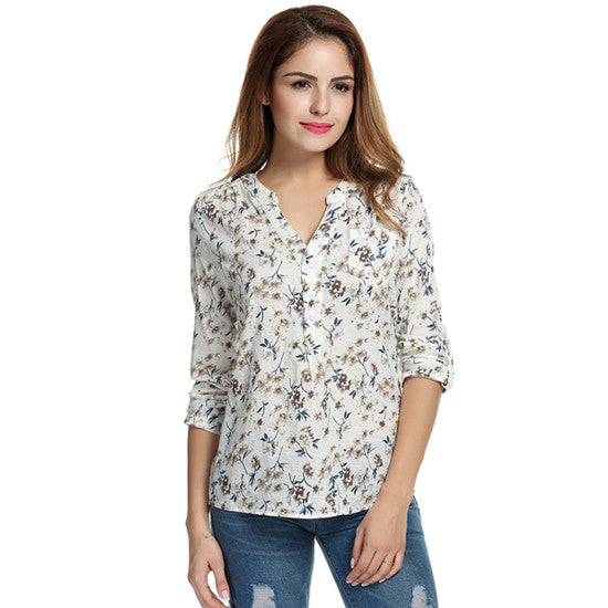 Meaneor Women Floral Print Blouse Tops 1950s 60s Vintage Autumn Clothing Casual Roll Up Sleeve