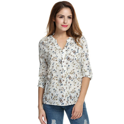 Meaneor Women Floral Print Blouse Tops 1950s 60s Vintage Autumn Clothing Casual Roll Up Sleeve