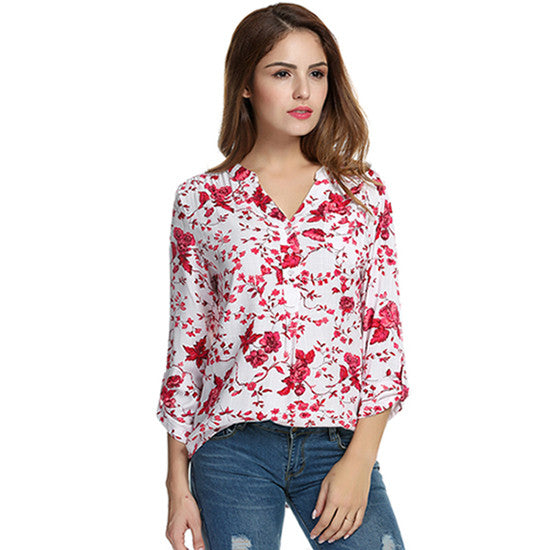 Meaneor Women Floral Print Blouse Tops 1950s 60s Vintage Autumn Clothing Casual Roll Up Sleeve