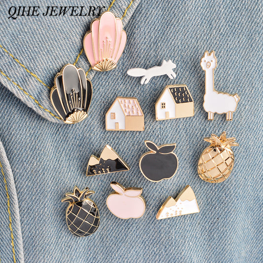 QIHE JEWELRY 1 Set pineapple Apple Alpaca Fox Flowers Houses Metal Cute Enamel Pin Set Fashion Jewelry Accessories