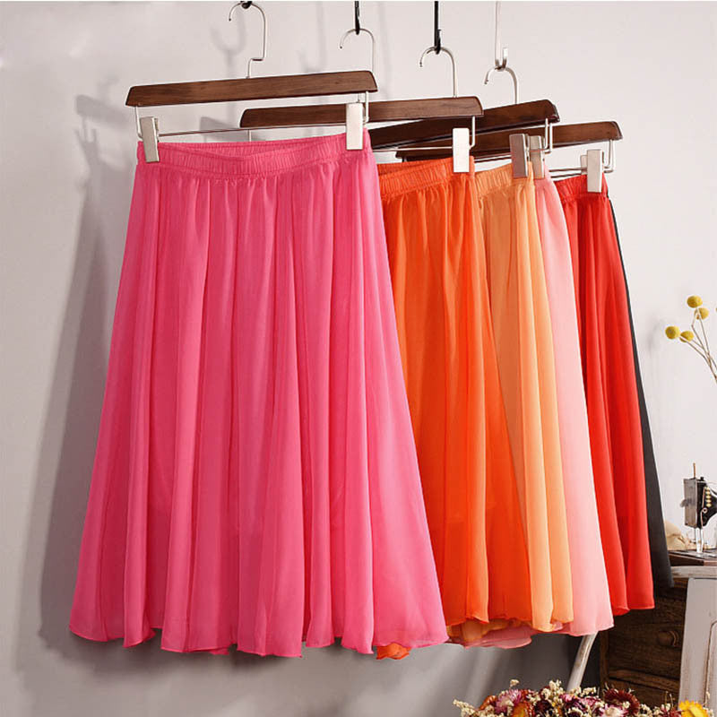 New Fashion Women's 23 Color High Waist Chiffon Pleated Midi Skirt 2017 Summer