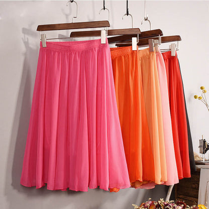 New Fashion Women's 23 Color High Waist Chiffon Pleated Midi Skirt 2017 Summer