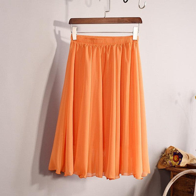 New Fashion Women's 23 Color High Waist Chiffon Pleated Midi Skirt 2017 Summer