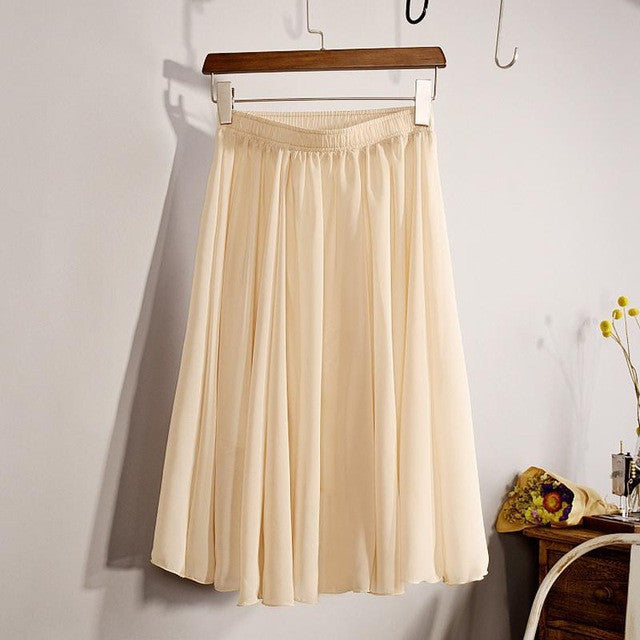 New Fashion Women's 23 Color High Waist Chiffon Pleated Midi Skirt 2017 Summer