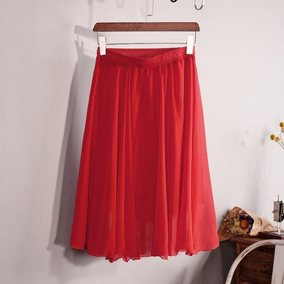 New Fashion Women's 23 Color High Waist Chiffon Pleated Midi Skirt 2017 Summer