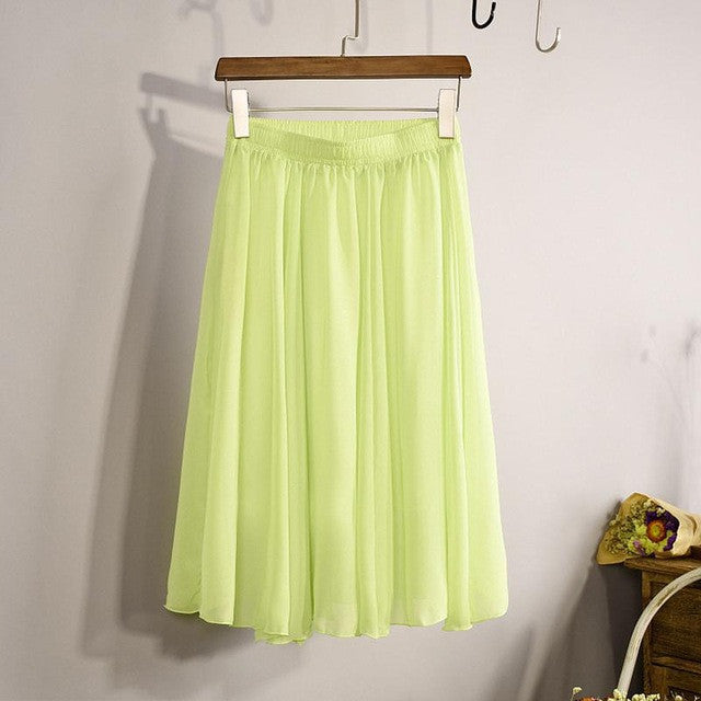 New Fashion Women's 23 Color High Waist Chiffon Pleated Midi Skirt 2017 Summer