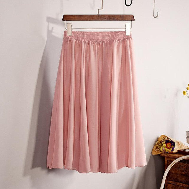 New Fashion Women's 23 Color High Waist Chiffon Pleated Midi Skirt 2017 Summer