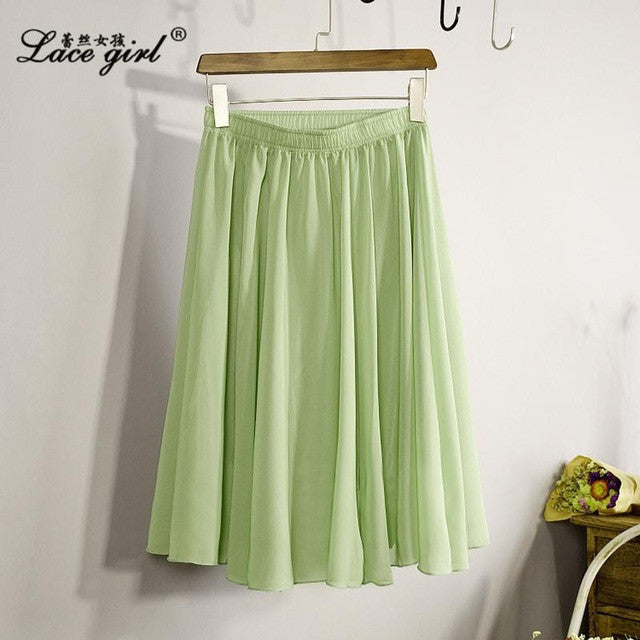 New Fashion Women's 23 Color High Waist Chiffon Pleated Midi Skirt 2017 Summer
