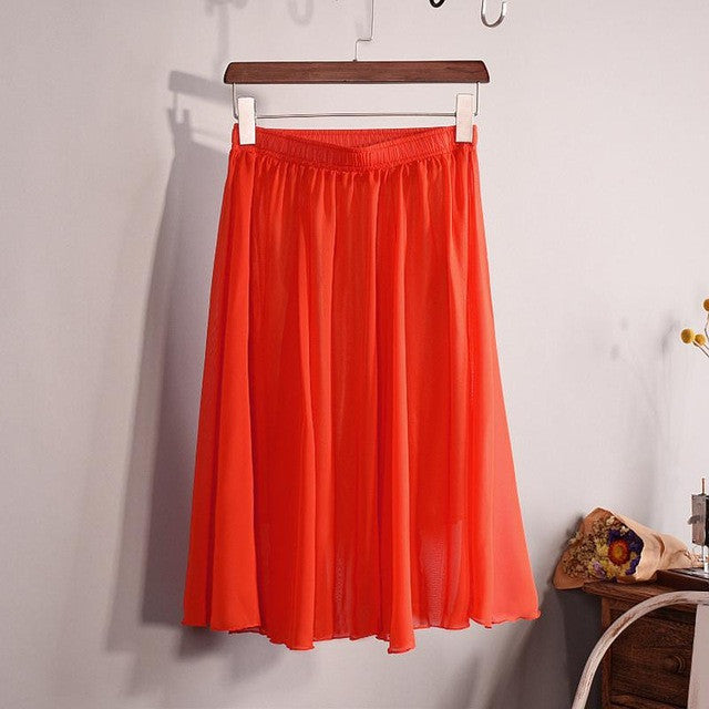 New Fashion Women's 23 Color High Waist Chiffon Pleated Midi Skirt 2017 Summer