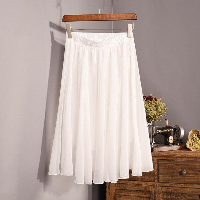 New Fashion Women's 23 Color High Waist Chiffon Pleated Midi Skirt 2017 Summer