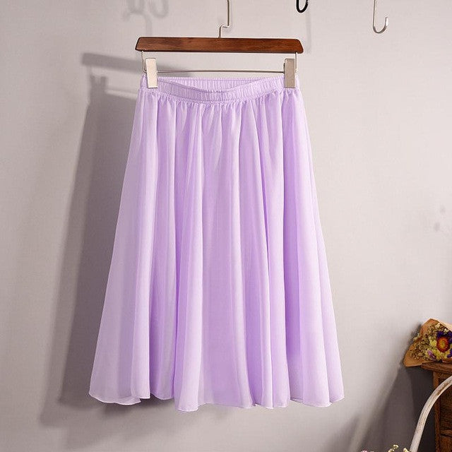 New Fashion Women's 23 Color High Waist Chiffon Pleated Midi Skirt 2017 Summer