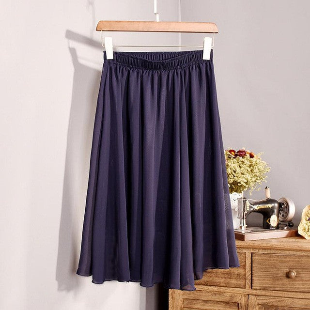 New Fashion Women's 23 Color High Waist Chiffon Pleated Midi Skirt 2017 Summer